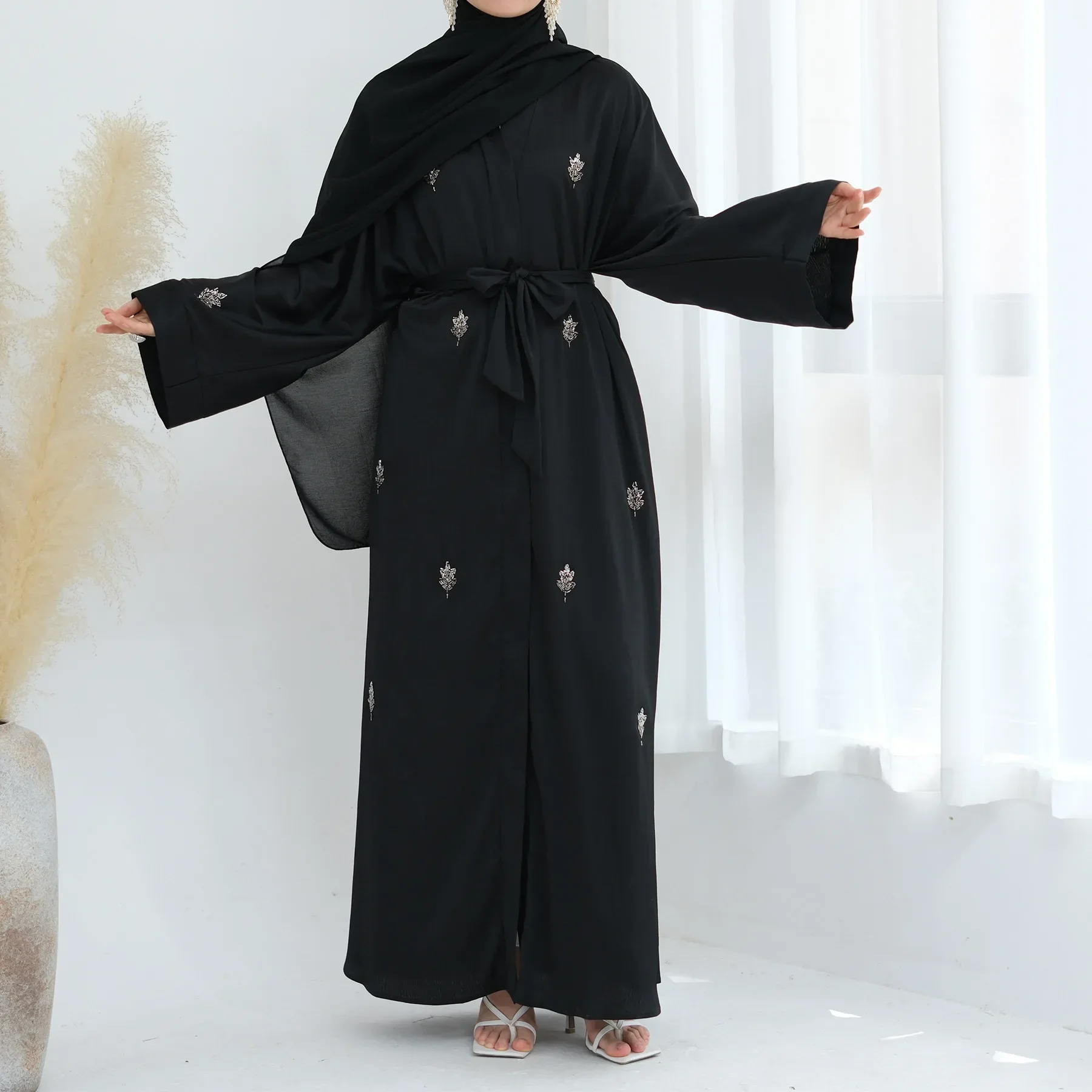 Ramadan Beading Kimono Open Abaya Dubai Kaftan Turkey Robe Kebaya Muslim Women Long Dress Eid Islam Jalabiya Caftan Femme Gown