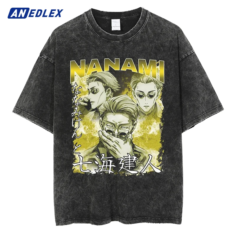 

Fashion Streetwear Vintage Washed Anime Printed T-shirt Cotton Casual Oversized Tee Top Summer Mens Harajuku T-shirt