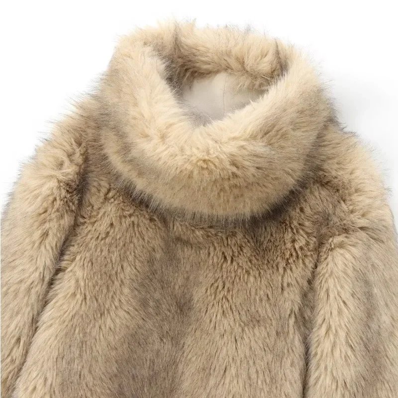 패션 인조 모피 여성 코트 두꺼운 터틀넥 긴 소매 여성 풀오버 2025 가을 겨울 따뜻한 빈티지 플러피 여성 의류