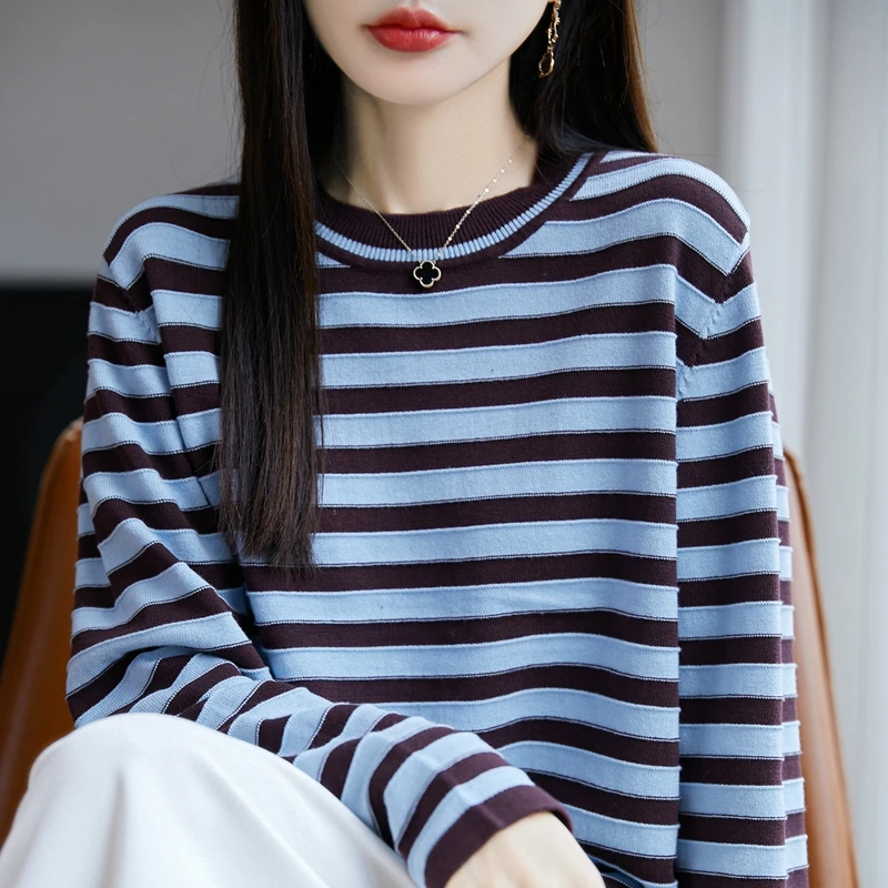 الخريف والشتاء المرأة الجديدة 100% القطن الخالص سترة مخططة عادية محبوك س الرقبة البلوز فضفاضة وعصرية المرأة #6