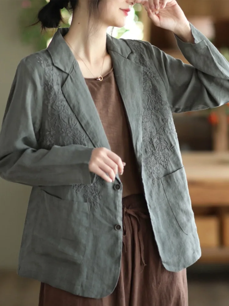 

Ретро-жакет из льна с вышивкой для женщин: весенний повседневный универсальный топ свободного кроя с длинными рукавами в западном стиле, стройнящий фигуру