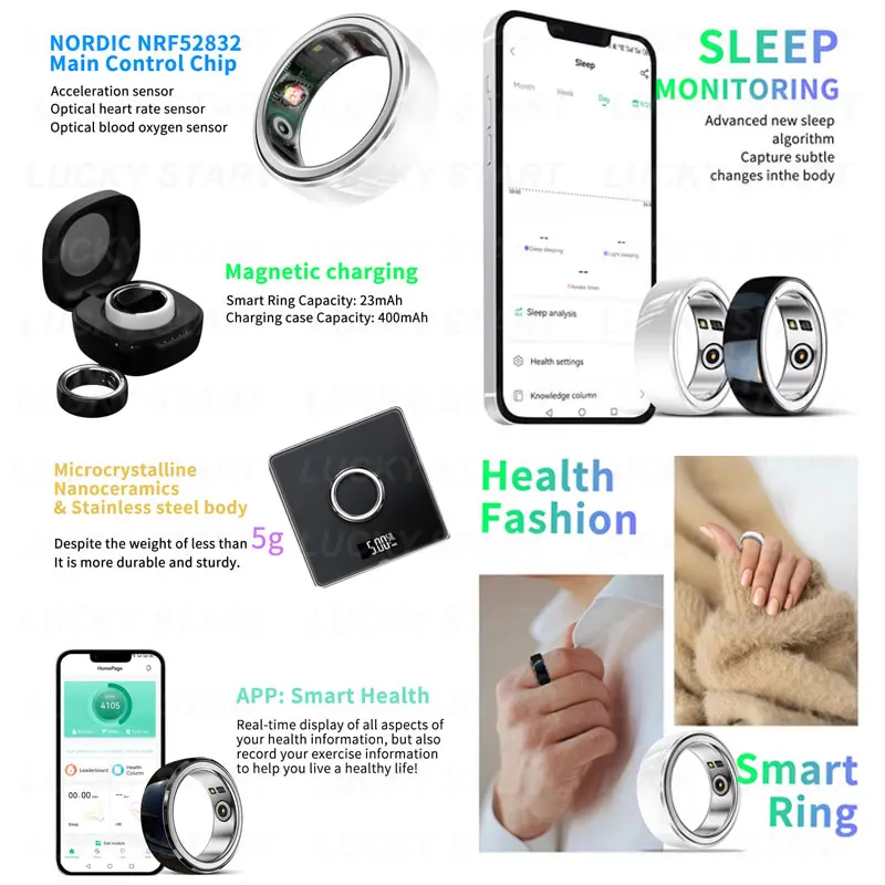 2024 Ceramics Smart Ring R8 IPX8 Waterproof Fitness Tracker Intelligent Heart Rate Monitoring Smart Rings Men with Charging Case