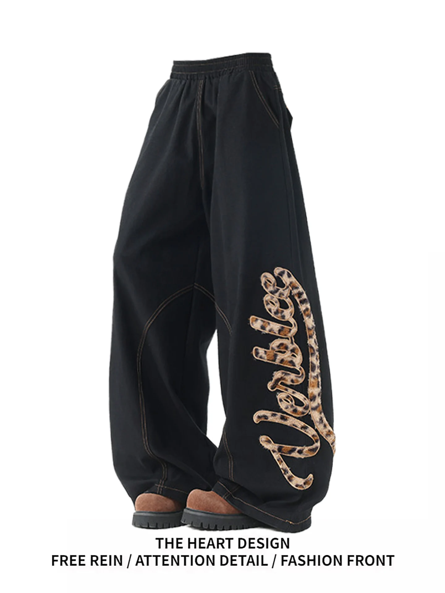 

American Sle Leopard Print Patchwork Loose Leg Casual Pants Women's Spring Autumn New Design Sensation Floor-Length Jeans