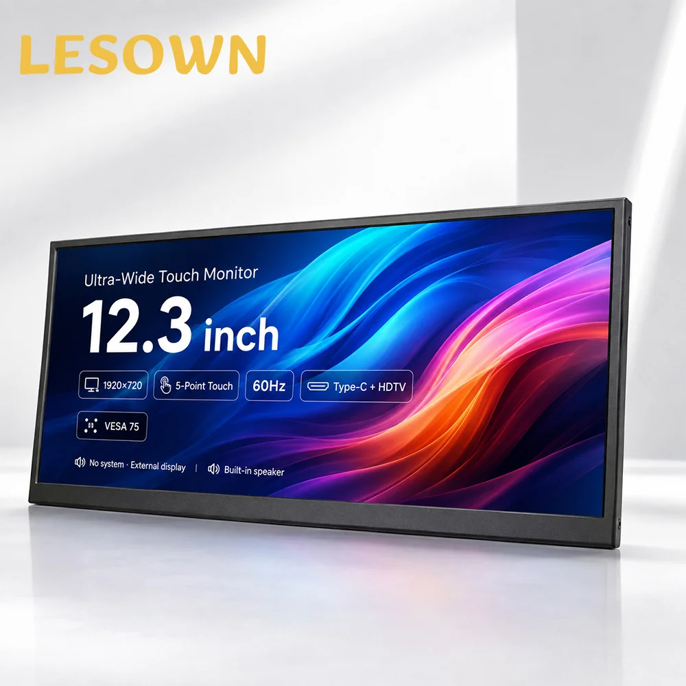 LESOWN 12.3 Inch Ultra-wide Display Portable Monitor 16:6 IPS Panel Driverless Touch Screen for Mini PC