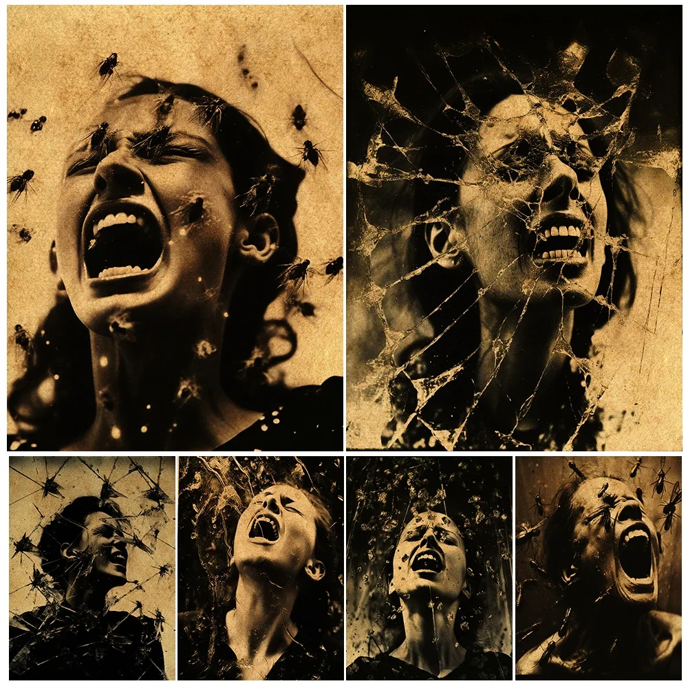 

Woman Attacked By Insects Vintage Wall Art Canvas Painting,Panic Screaming Girl Photography Art Poster Print,Home Decor Unframed