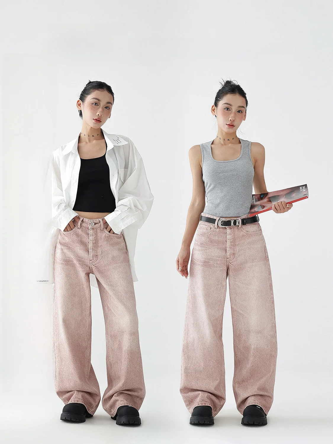 Acestudios Loose Fit Straight Leg Jeans l Waist Casual Pink Waed Denim Long Trousers Women's Spring Summer Autumn