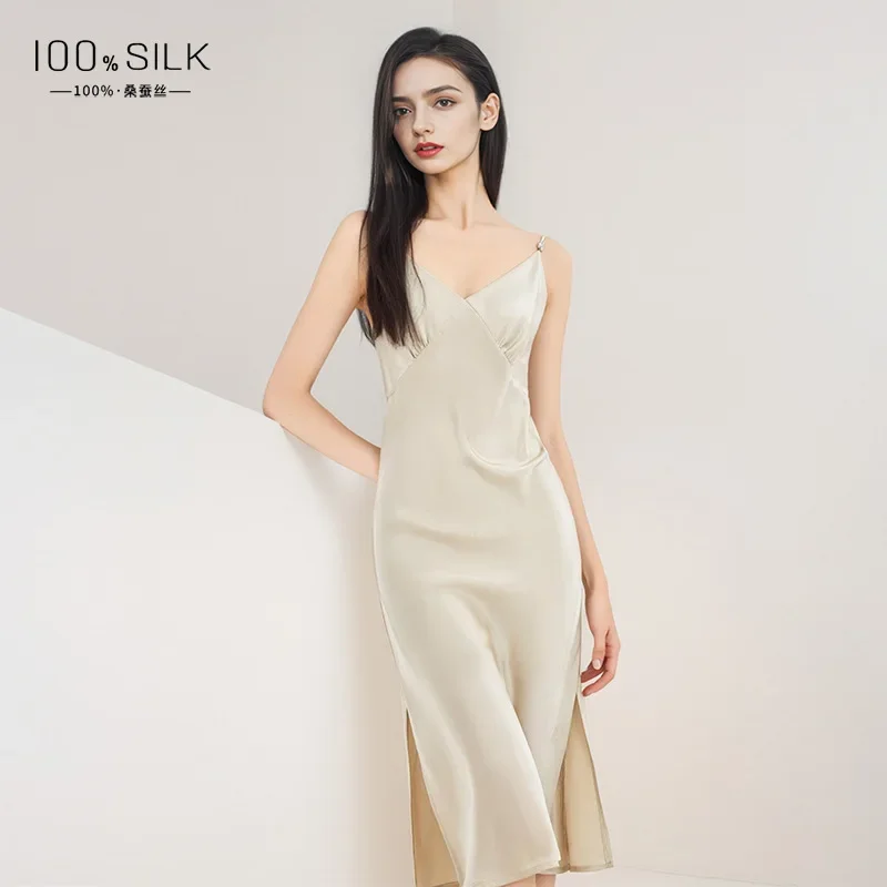 100% Mulberry Silk Side Split Nightdress Women Maxi Chemise Sexy Slip Long Nightgown Lingerie Underwear Sleepwear Nightwear PJS