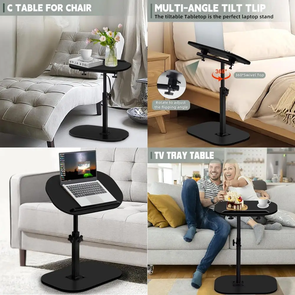 

Поворотный приставной столик C-образной формы с регулируемой высотой и колесиками, компактный поднос для телевизора для гостиных (черный)