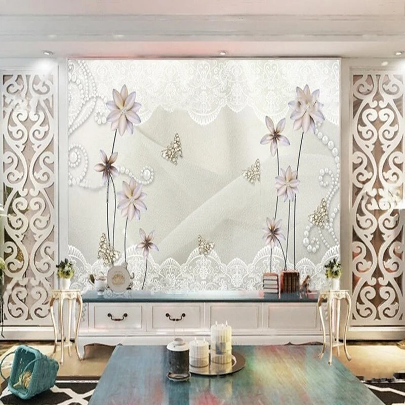 

3D Elegant Jewelry Flowers Butterflies Pearl Lace-Edged Wall Decoration For Living Room Bedroom Hotel And Background Wall