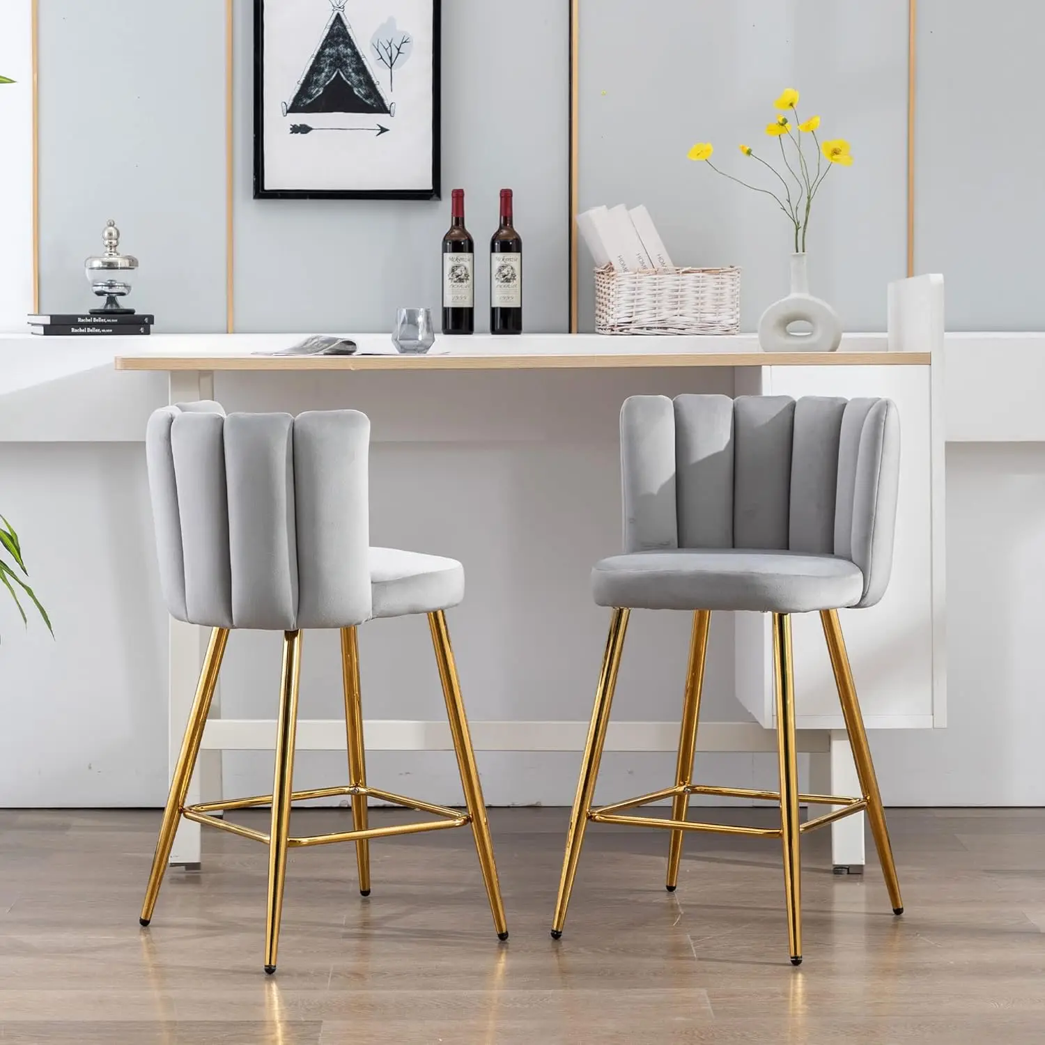 Velvet 26" Counter Height Barstools Set of 4 Modern Kitchen Stools Upholstered Bar Stool Chairs with Gold Metal Legs for Kitchen