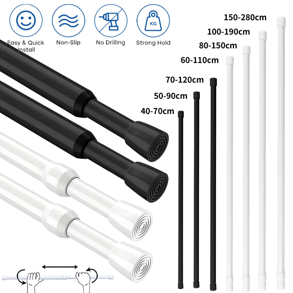 Shower Curtain Rods 40-150cm Spring Rod Tension Rod Extendable Curtain Pole No Drill Tension Poles for Clothes Windows Cupboard