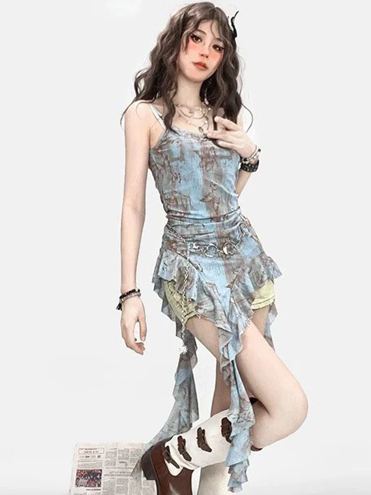 Y2K Hotsweet Camis Tanks Women Streetwear Irregular Slim Sleeveless Vest Fashion Painting Ruffles Patchwork Lady Vest Tops New