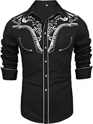 Western Cowboy Costume Shirts Men Long Sleeve Embroidered Shirts Spring Slim Fit Casual Button Down Black White Shirt Male