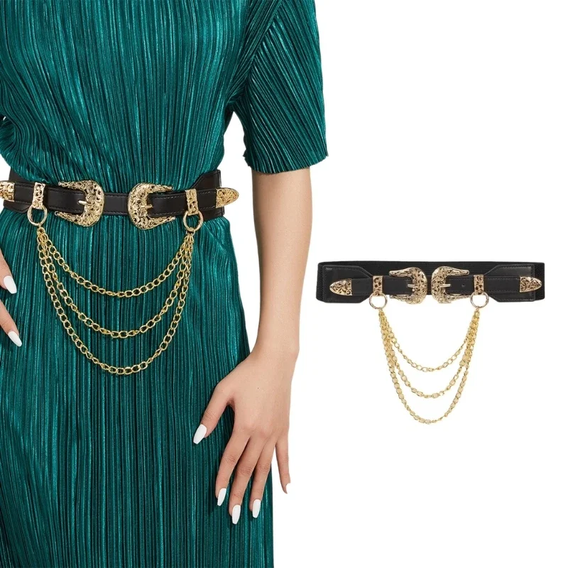 

Hot Girls PU Belt with Dangle Chain Decors Waist Belt Fashion Enthusiasts Belt Coat Dress Female Wide Formal Waistband