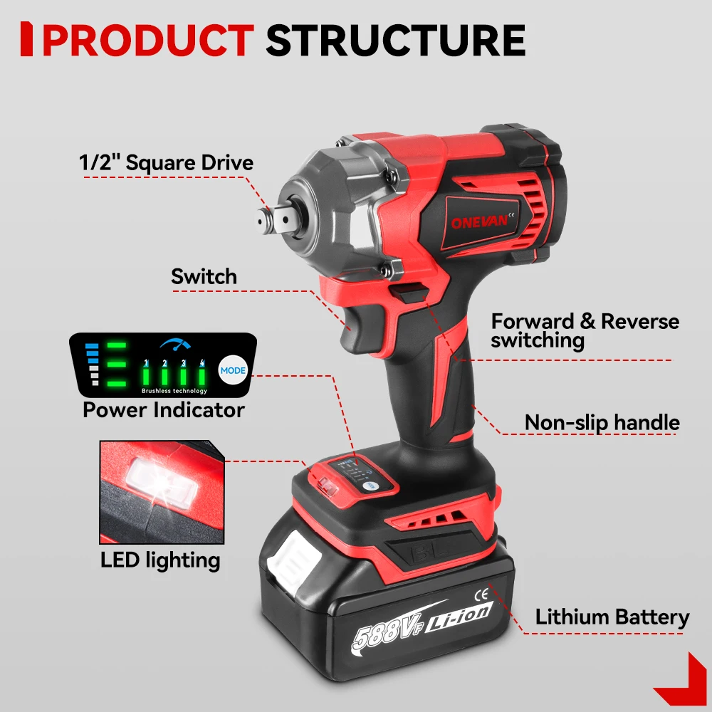 ONEVAN 1200 N.M Powerful Torque Brushless Electric Impact Wrench 1/2 In Lithium-Ion Battery Screwdriver For Makita 18V Battery