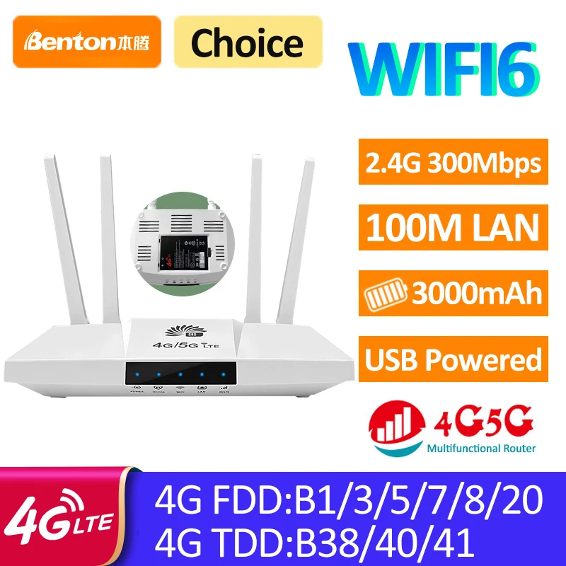 

Benton WiFi6 Дорожный маршрутизатор с питанием от USB Мобильный портативный 4G-маршрутизатор 300 Мбит/с 4G LTE-маршрутизатор 100 Мбит/с LAN 4G-модем для SIM-карты