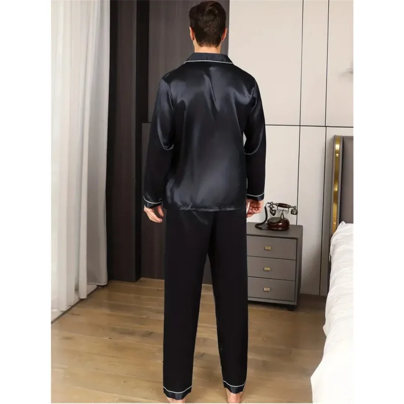 Men\'s Pajamas Set Silk Satin Sleepwear Long Sleeve Nightwear Male Home Suit Soft Loungewear Leisure Big Size Sleepsuit 2pcs/set