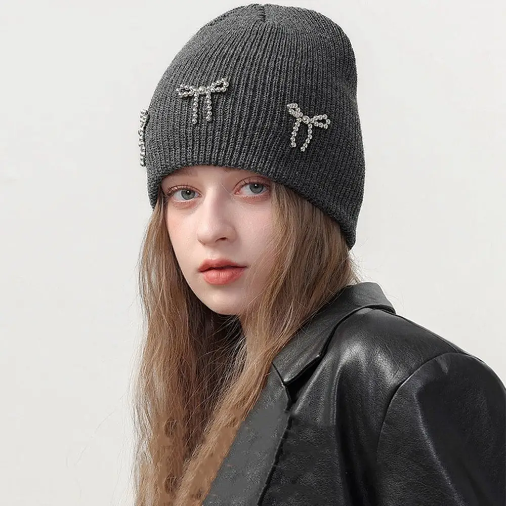 Casual Bowknot Pearl Bow Beanies Warm Cap Korean Knitted Hat Solid Color Jennie Style Knit Cap Apparel Accessories