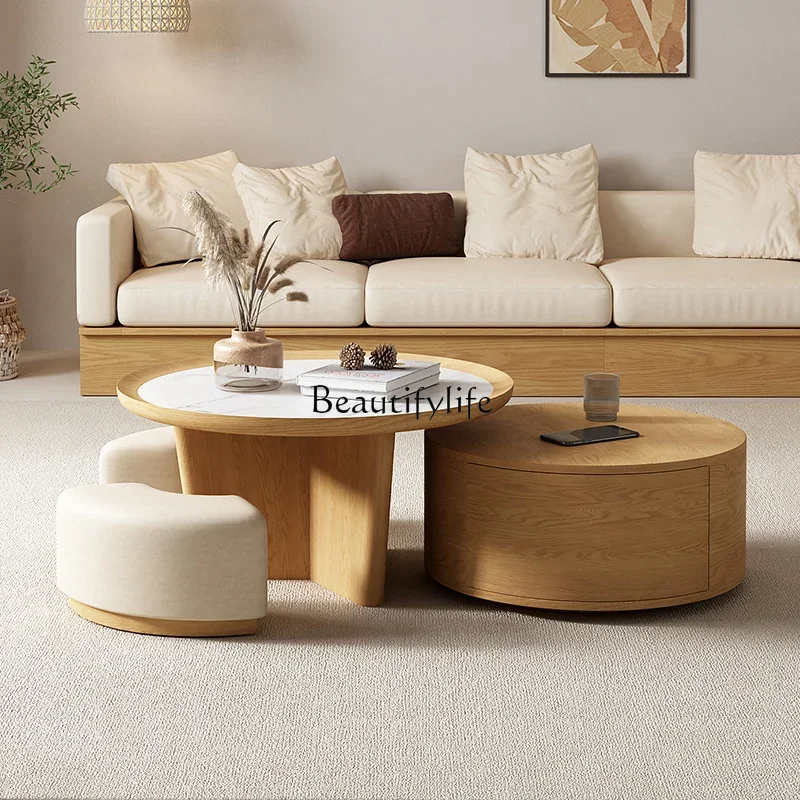 FG40Japanese Style Log Style Coffee Table Nordic Solid Simple Modern Stone Plate round Tea Table Combination