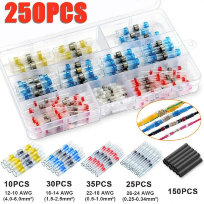 

250pcs 26-10AWG Waterproof Heat Shrink Butt Wire Splice Seal Connectors Crimp Terminals