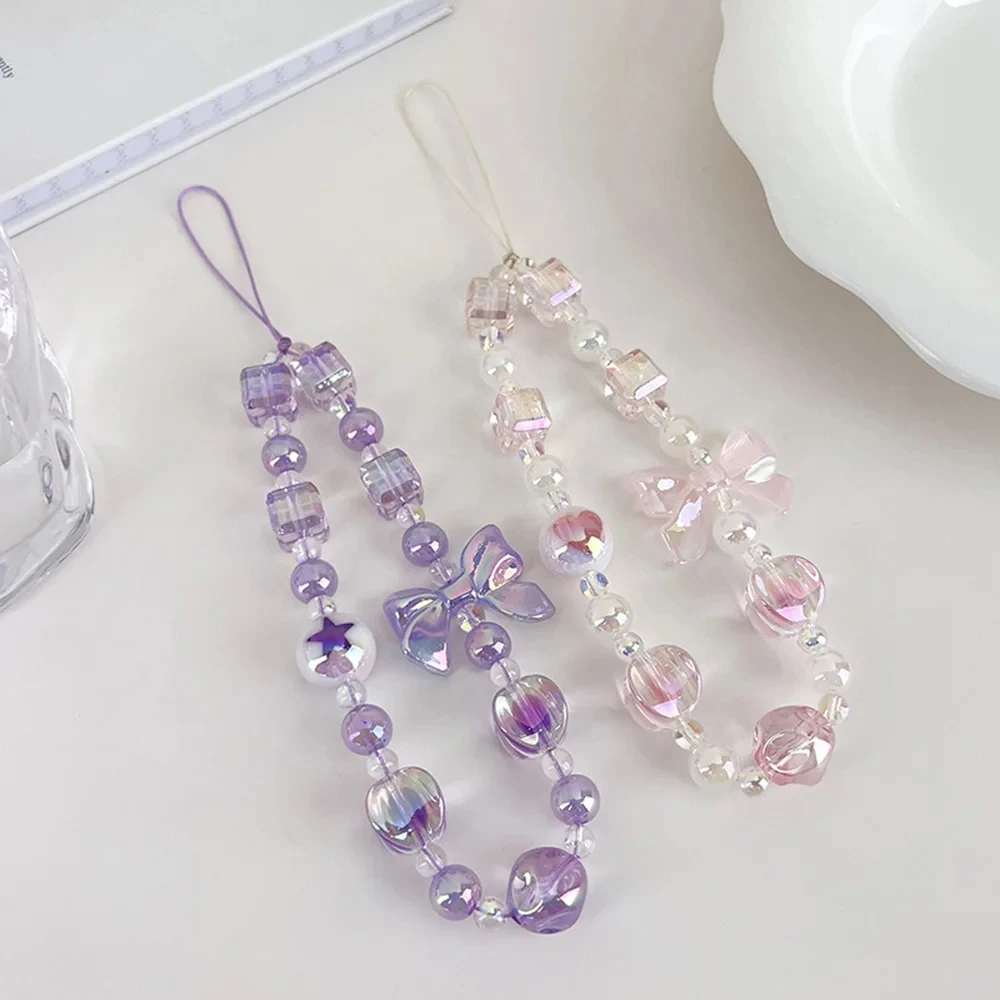 Fashion Sweet Bow Cell Phone Chain Bow Beaded Sweet Bag Hangings Anti-loss Cute Mobile Phone Chain Women