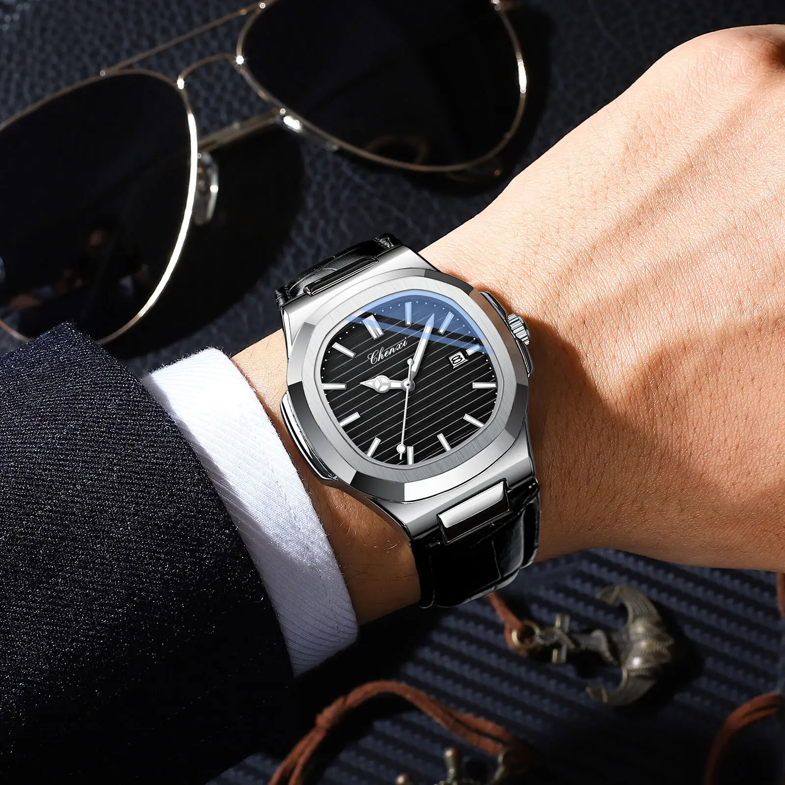 CHENXI-Relógio de pulso masculino, Relógio de quartzo, Relógios de couro, Luminoso, Data, Impermeável, Luxo, Novo, 8222 P