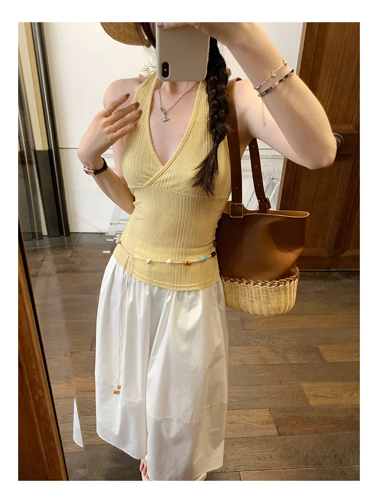 Spice-Girl-Style Neckholder-Cross-V-Neck-Camisole für Damen – Sommer 2026 Neuheit – Outerwear Tank Top im koreanischen Stil – Einfarbiges Crop Top – Detail 9