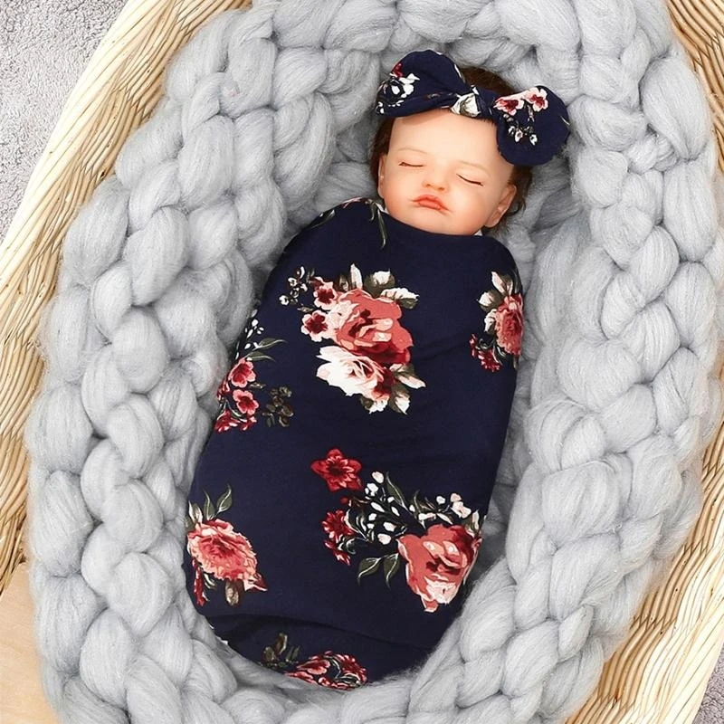 J15U 3 قطعة الوليد التقميط التفاف عقال طقم قبعات الطفل تلقي بطانية كيس النوم رباط شعر طقم قبعات للرضع بنين بنات