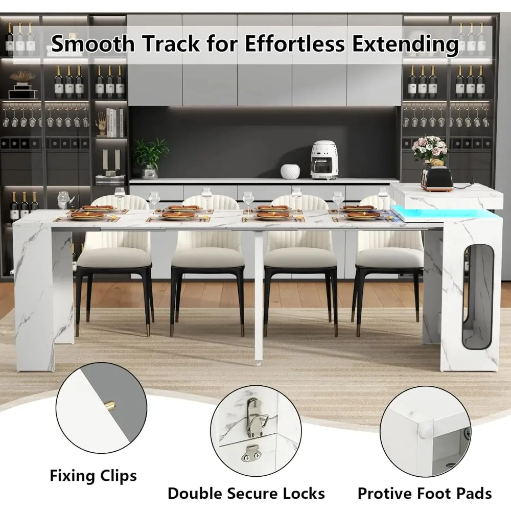 طاولة طعام قابلة للتمديد مع قاعدة شحن وأضواء LED، طاولة طعام من الرخام الصناعي الأبيض مقاس 19.7 بوصة إلى 98.4 بوصة، علامة تبويب وحدة تحكم مستطيلة #6