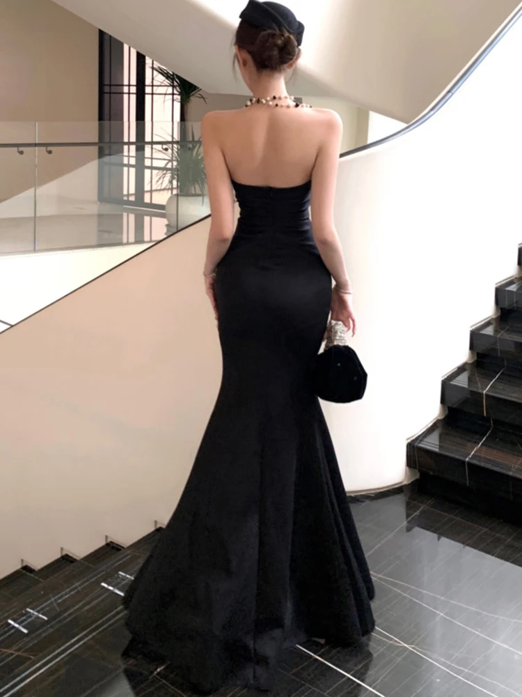 Frauen Koreanische Vintage Hepburn Prom Kleid Herbst Schwarz Brust Verpackung Sexy Backless Kleid 2025, Elegante Bodycon Luxus Party Kleid