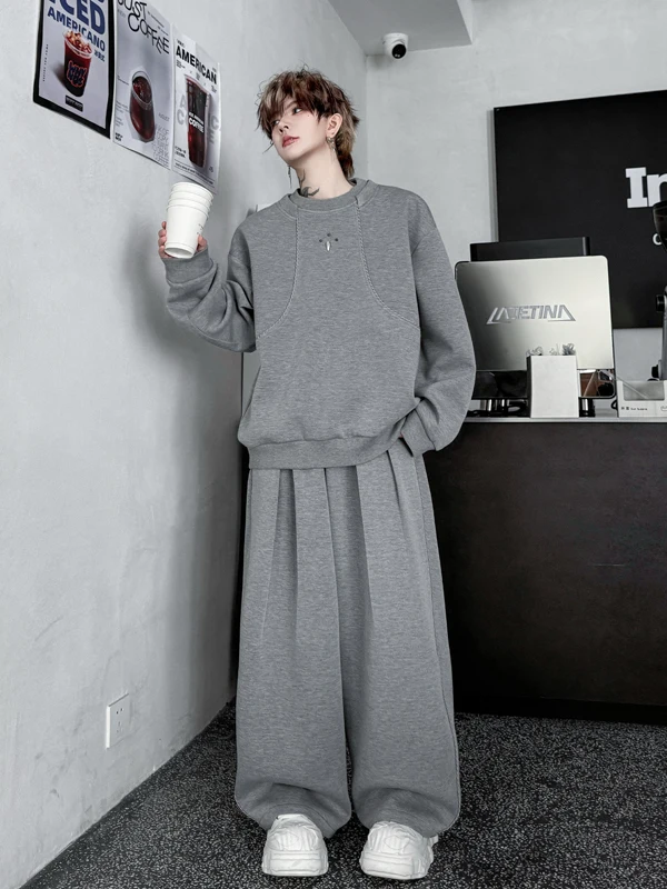 

Мужской комплект из худи с круглым вырезом и широких брюк, осень 2025, повседневный спортивный костюм, модный цветной дизайн