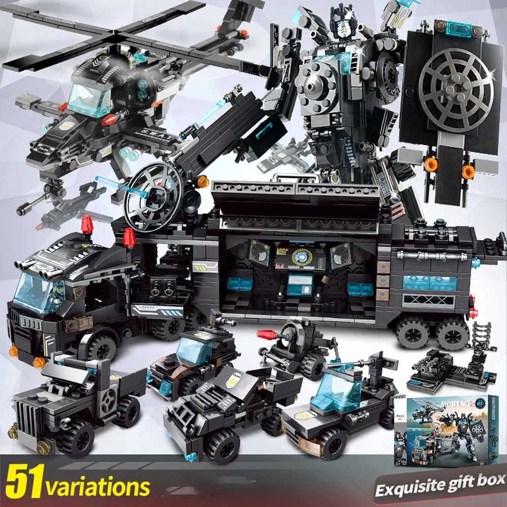 KAVOWORLD Robot Building Blocks 2-in-1 Deformable Mecha & Special Police Command Vehicle STEM Bricks Toys for Kids Birthday Gift