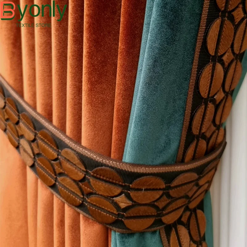 Horsehair Leather Embroidery Caramel Lace Splicing Velvet Curtains for Living Room Bedroom French Window Custom Finished Product