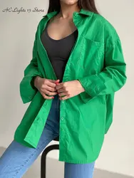 Camisa solta de botões, de bolso, feminina, blusas 100% algodão, elegante, básica, verde, Primavera, 2023