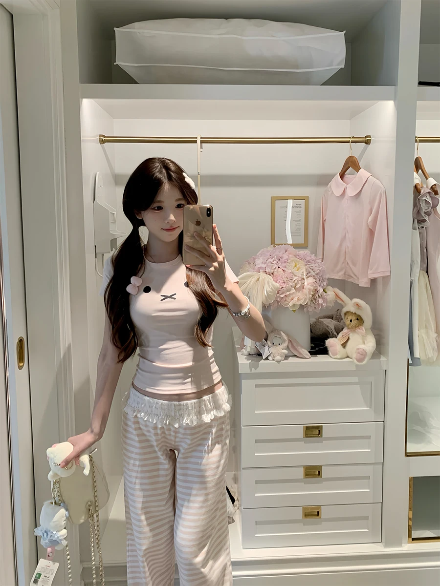 

Rabbit Baby Pink ort Sve T-irt Casual Pants Striped Lace Trim Long Pants Women's Faion Set round Ne ort Sl...