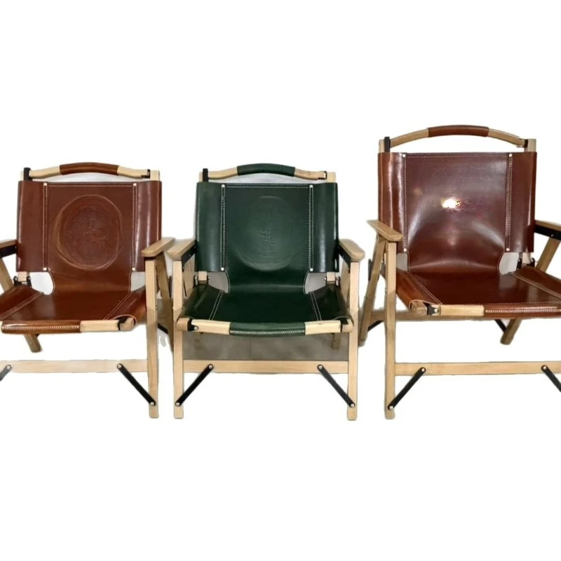 Hand folding chair, first layer cowhide furniture, backrest camping leisure stool