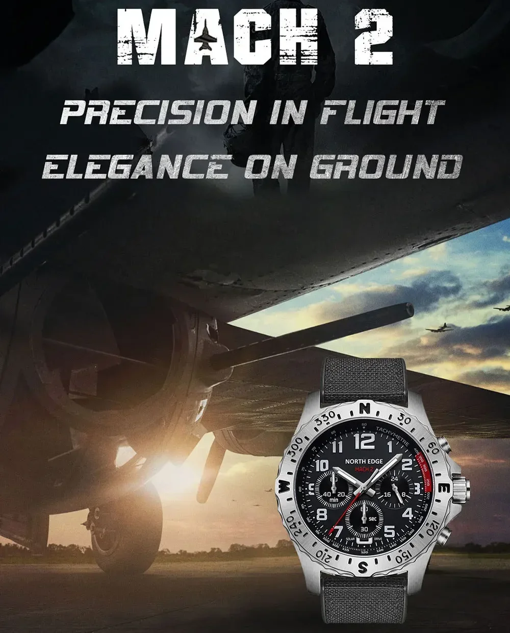 NORTH EDGE MACH2 في الهواء الطلق رجالي ساعات المعصم ساعة تعمل بالطاقة الشمسية 316L الفولاذ المقاوم للصدأ مقاوم للماء الطيار ساعات كوارتز للرجل Reloj Hombre