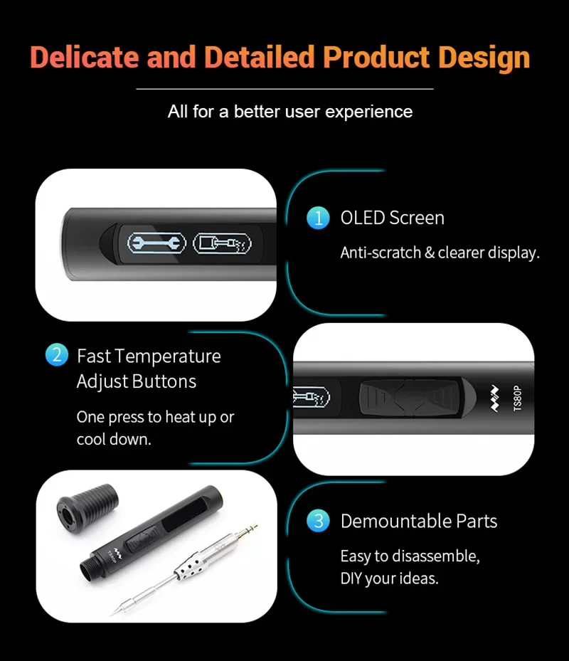 MINIWARE TS80P Mini Smart Portable Digital Soldering Iron Tool with Adjustable Temperature OLED Display and Iron Tips