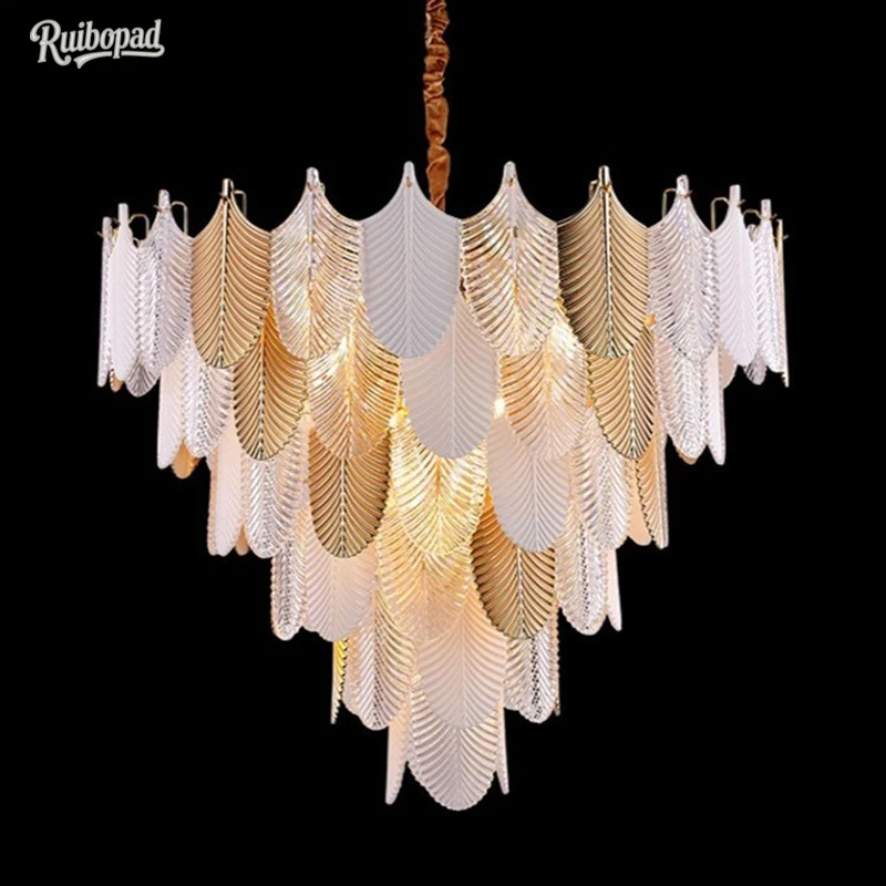 Modern Feather-Shaped Chandelier, Gold & White LED Pendant Light, Living Room Bedroom Lighting, Contemporary Home Decor