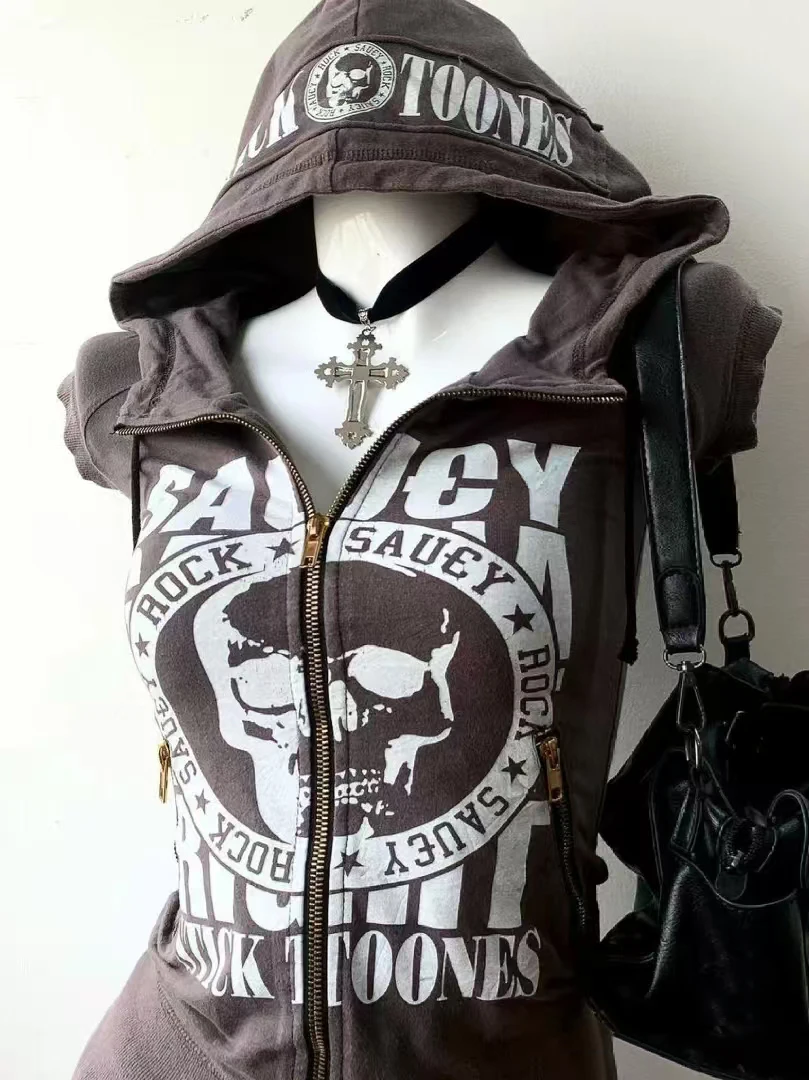 Hoodie Women\'s Letter Punk Grunge Print Short Sleeve Vintage Aesthetic Hoodies Y2k Sweatshirts Femme Winter Hooded zip-up Coat