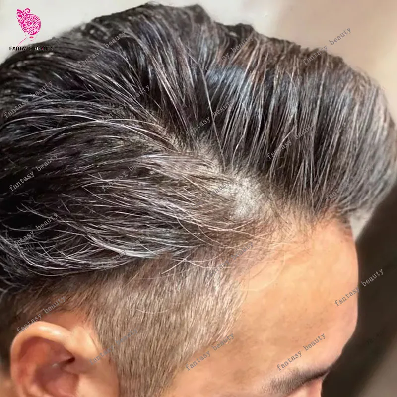 

Натуральная линия волос 1B40 1B50 1B20 Черный Серый Мужской парик Коричневый 100% человеческие волосы Необнаружимая тонкая кожа PU Microskin Prosthe System