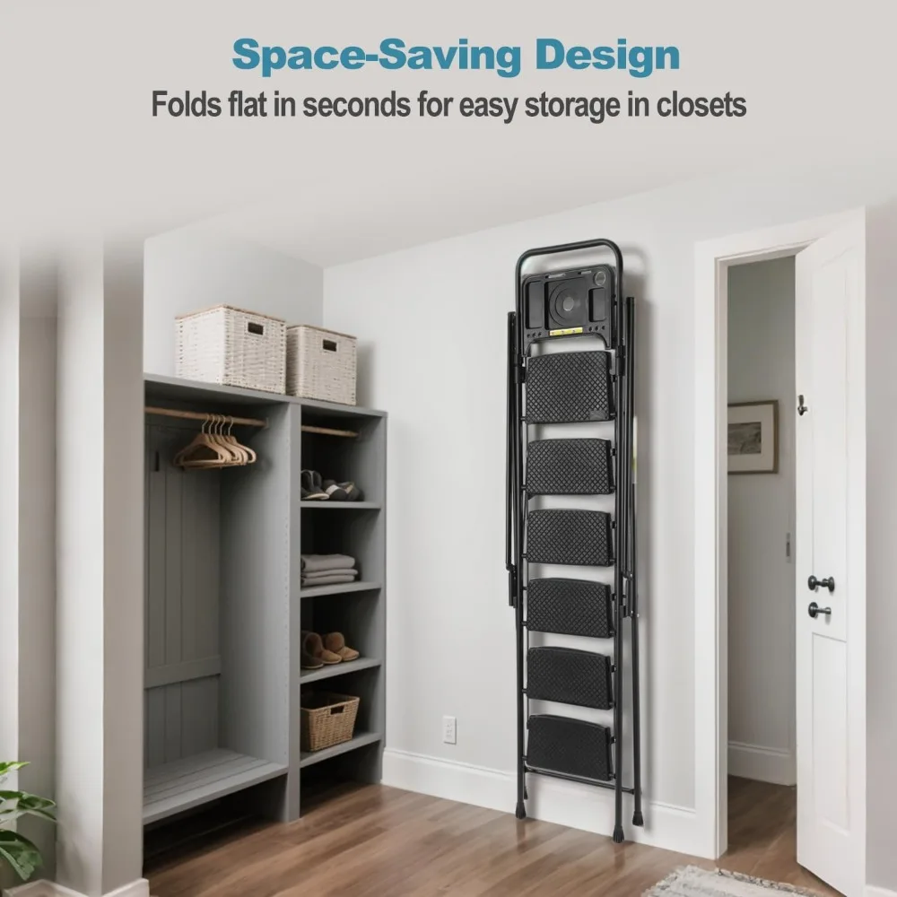 Portable Folding 7-Step Ladder with Anti-Slip Treads and Tool Trays, Lightweight for Home and Workshop Use