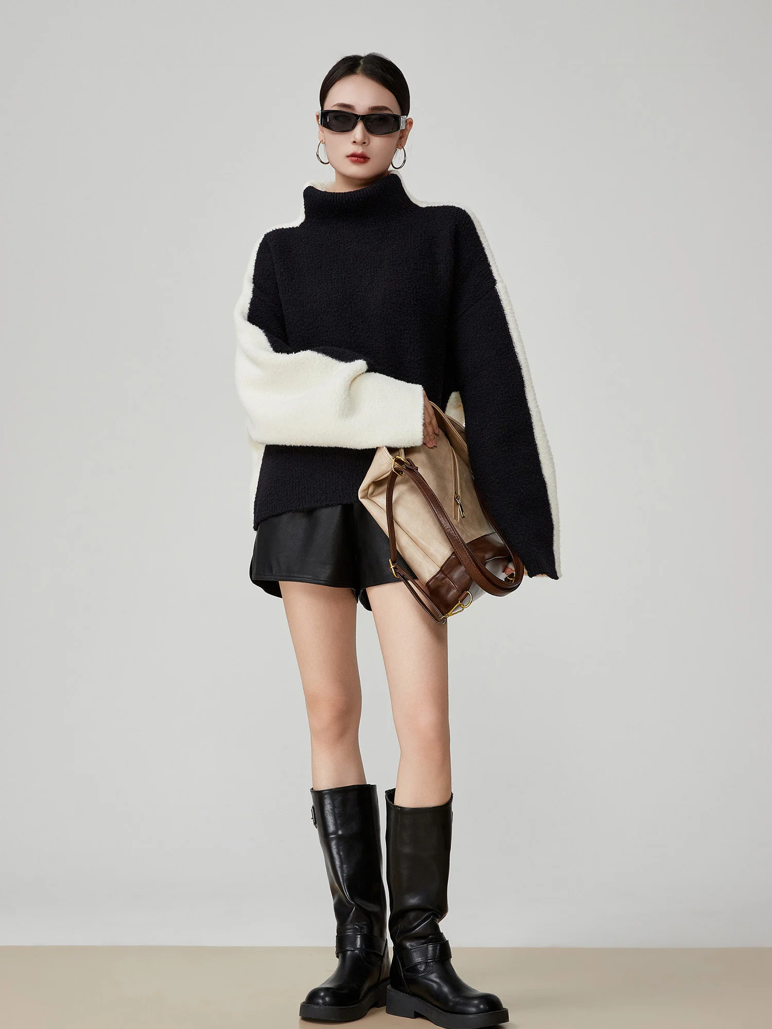 

Women's High Ne Knitted Sweater Loose Fit Soft Cozy Contrast Color Blo Casual Sle Polyester Fiber Long Sve Winter Top