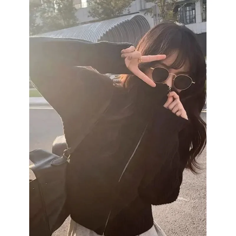 Y2k سترة هاراجوكو الجمالية Mujer كارديجان الياقة المدورة ملابس الشارع الشهير رمادي المحاصيل القمم سستة 2024 الخريف كل مباراة الصلبة سترة #3