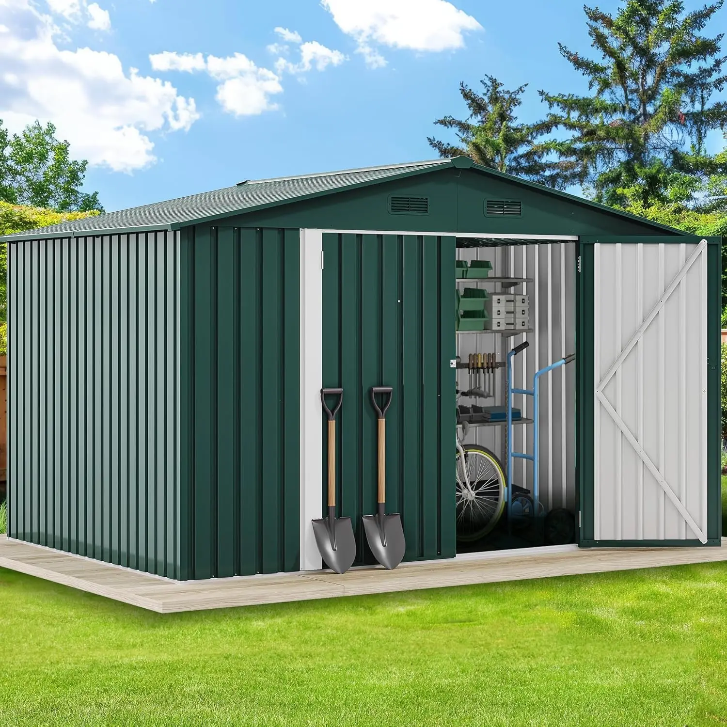 

Outdoor Storage Shed, Heavy Duty Metal Tool Sheds with Lockable Door & Air Vent for Backyard Patio Lawn to Store Bikes, Tools,