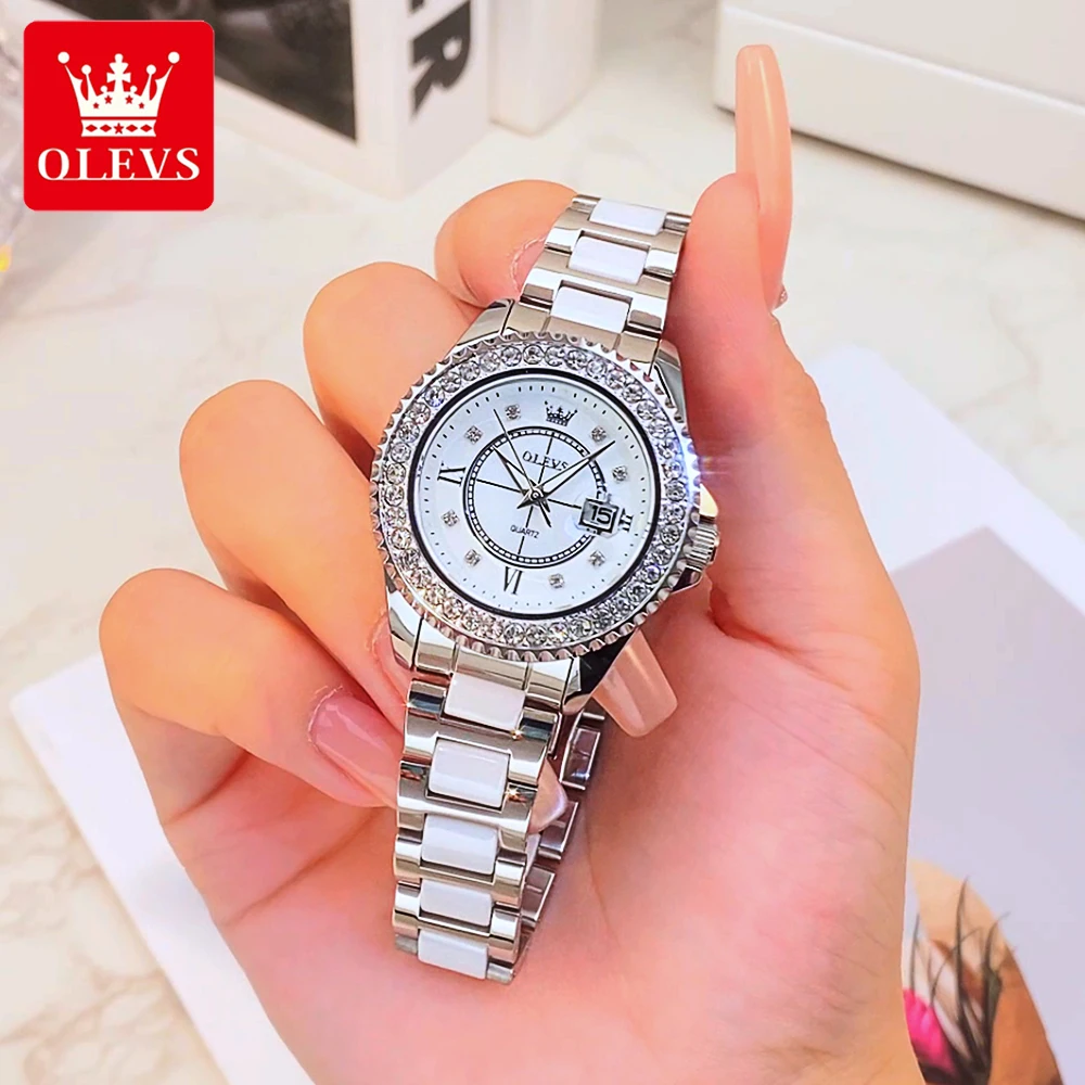 OLEVS Women's Watches Luxury Fashion Ceramics Strap Original Brand Quartz Wristwatch for Lady Waterproof Luminous Diamond Bezel