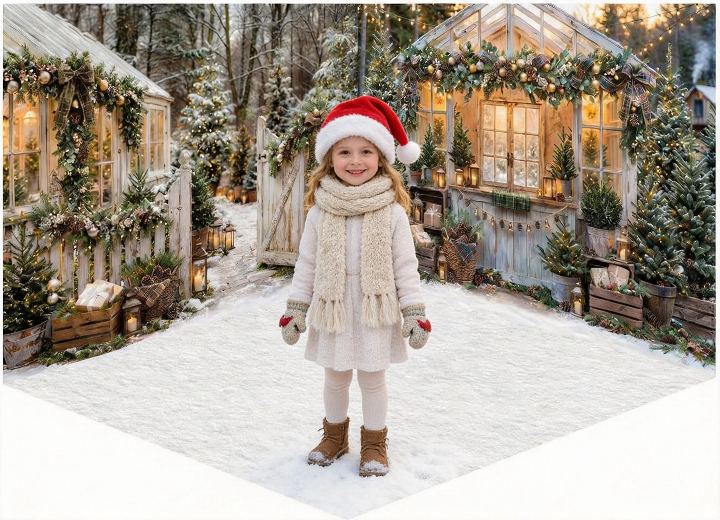 Rustic Christmas Winter Snowy Greenhouse Wood Fence Pine Trees Gift Box Lamp Warm Lights Holiday Party Photo Backdrop Cloth