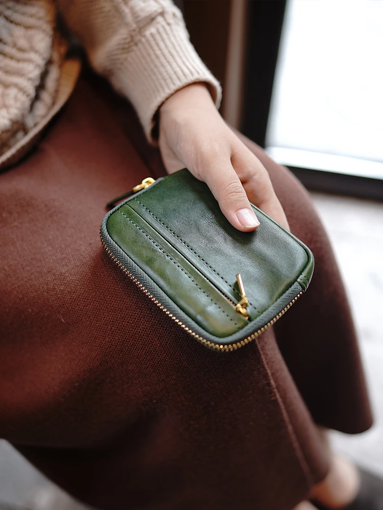 Custom Pleated Texture Vegetable Tanning Leather Classic Practical Card Headset Lipstick Change Purse