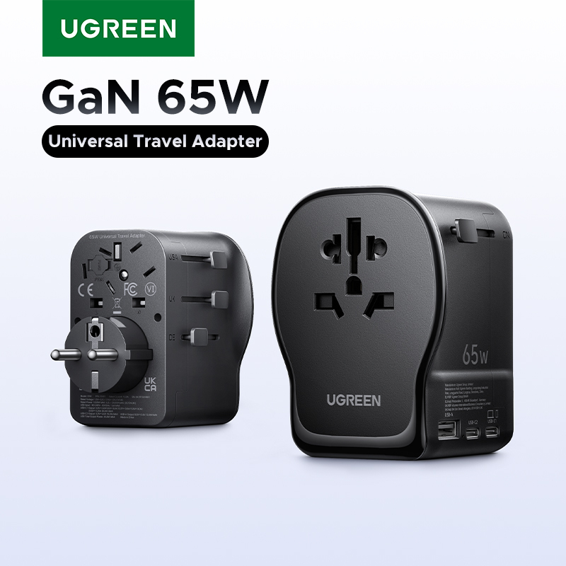  UGREEN 65W Universal Travel Adapter 2 USB-C 1 USB-A AC Socket CE FCC UKCA TÜV Certified for EU US UK JP KR CN Surge Protection 