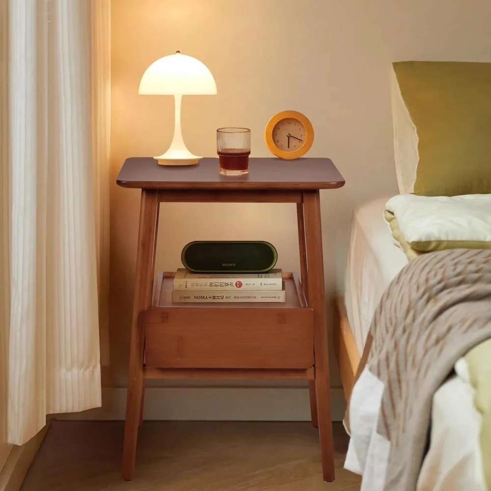 Mid-Century Modern Nightstand with Drawer and Open Shelf Storage, Large Bamboo Bedside Table